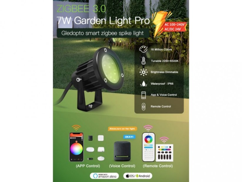 ZigBee PRO záhradné svetlo RGB+CCT Gledopto 24VDC